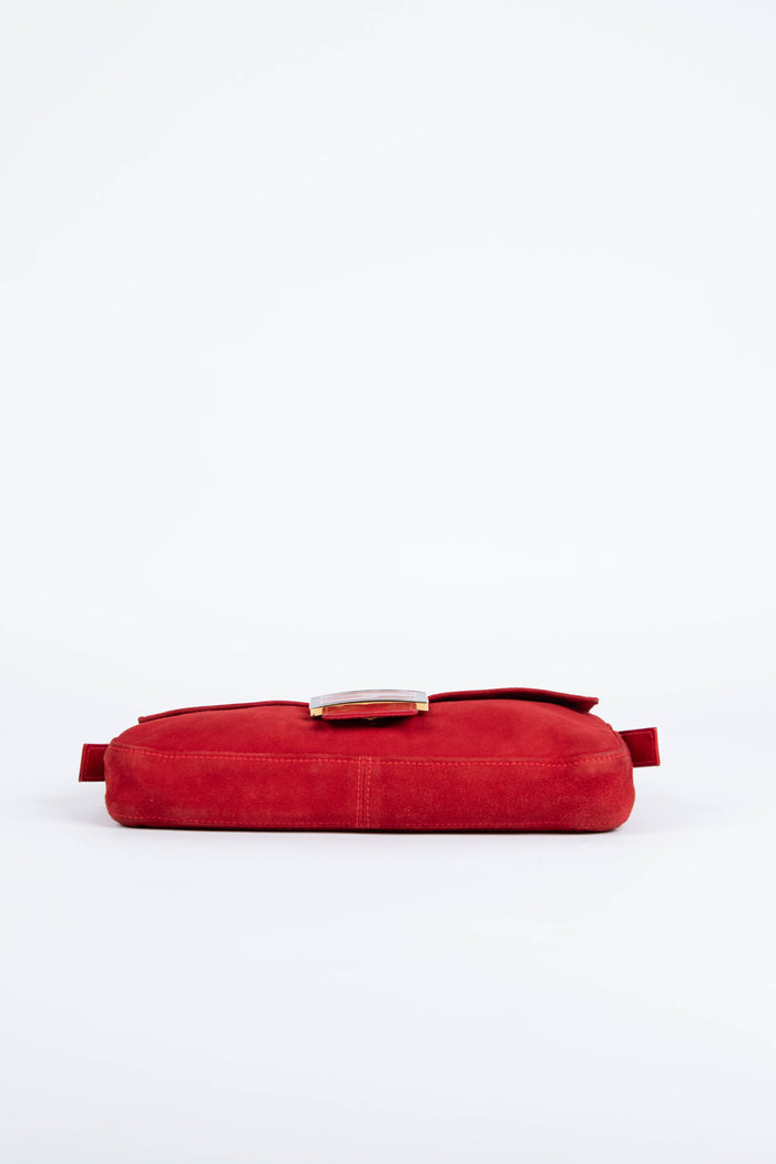 Vintage Fendi Red Suede Baguette Shoulder Bag