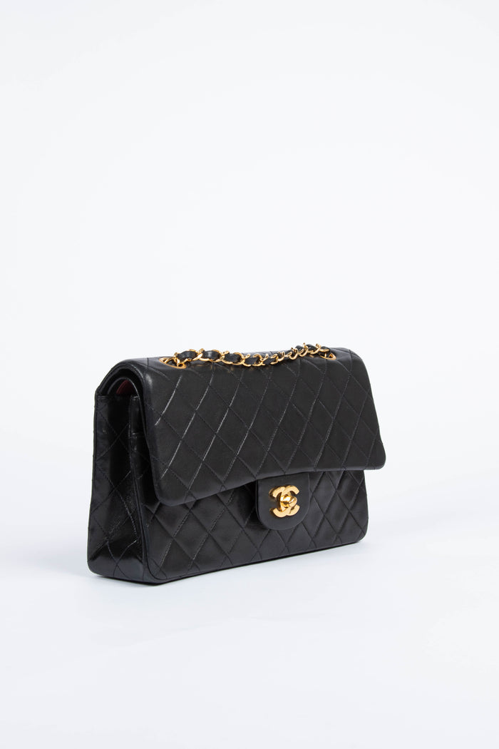 90s Chanel Black Lambskin Medium Classic Double Flap with 24K GHW