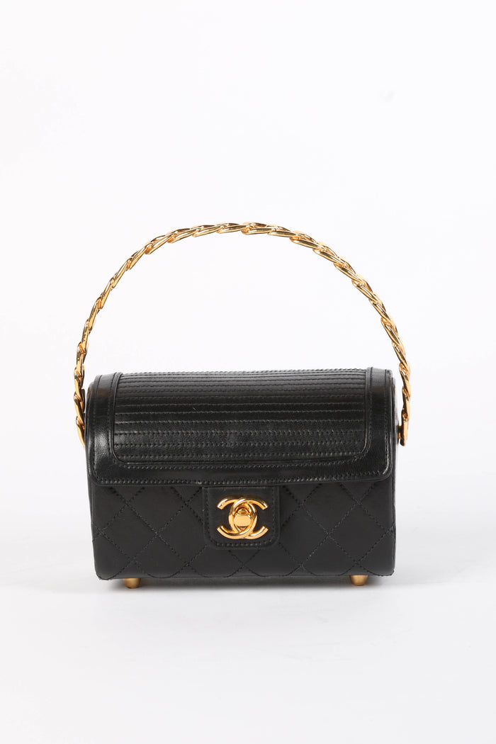 SUPER RARE 80s Chanel Black Lambskin Leather Mini Top Handle Bag