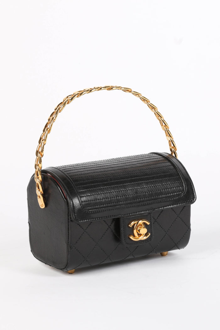 SUPER RARE 80s Chanel Black Lambskin Leather Mini Top Handle Bag