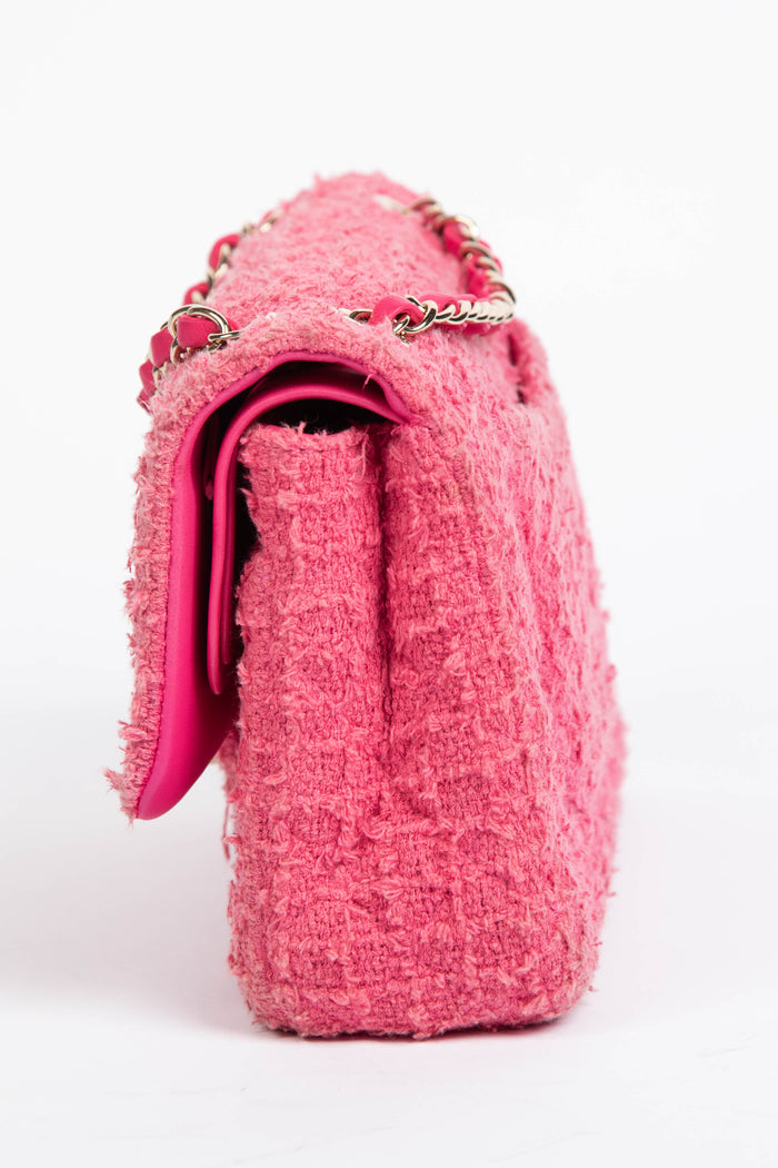 2020s Chanel Pink Tweed Medium Double Flap Shoulder Bag