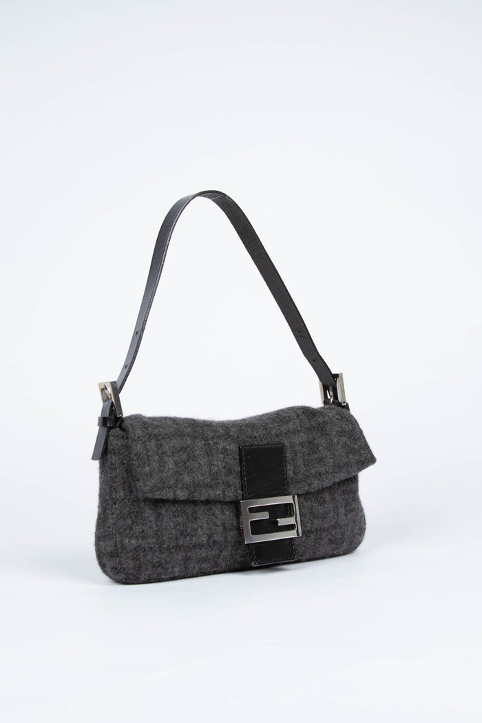 Vintage Fendi Grey Cashmere Baguette Shoulder Bag