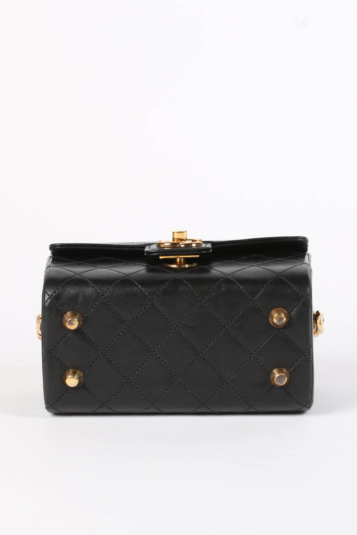 SUPER RARE 80s Chanel Black Lambskin Leather Mini Top Handle Bag