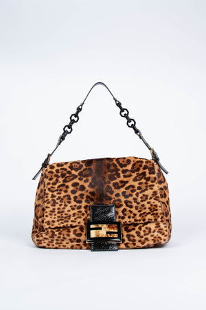 Vintage Fendi Leopard Pony Hair Mamma Forever Baguette Shoulder Bag