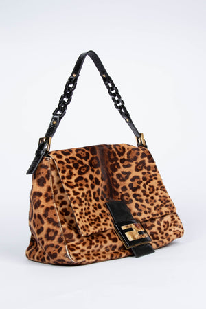 Vintage Fendi Leopard Pony Hair Mamma Forever Baguette Shoulder Bag