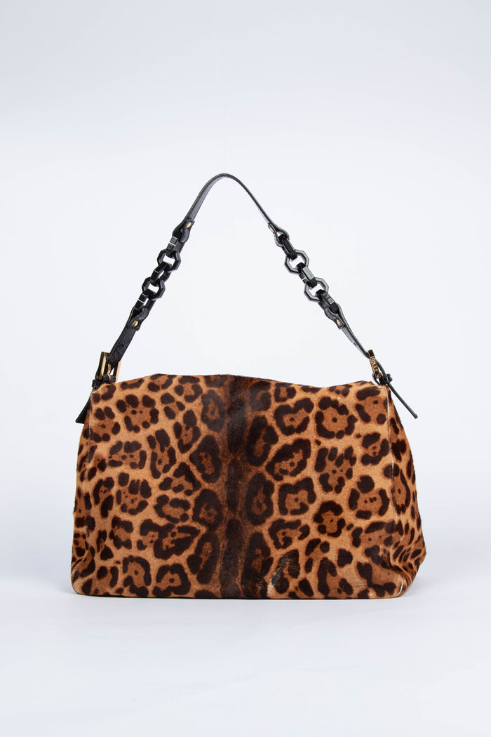 Vintage Fendi Leopard Pony Hair Mamma Forever Baguette Shoulder Bag