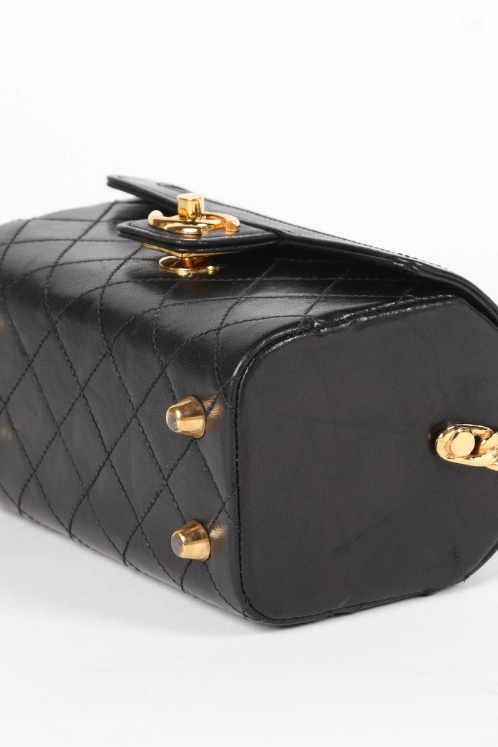 SUPER RARE 80s Chanel Black Lambskin Leather Mini Top Handle Bag