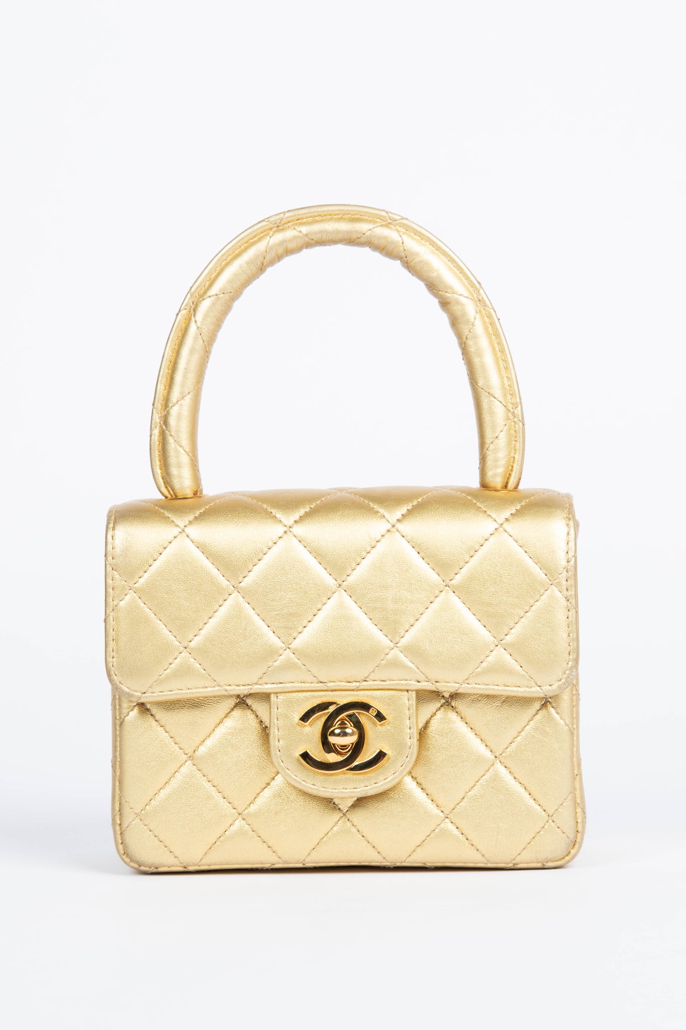 SUPER RARE 90s Chanel Gold Lambskin Leather Mini Top Handle with 24k GHW