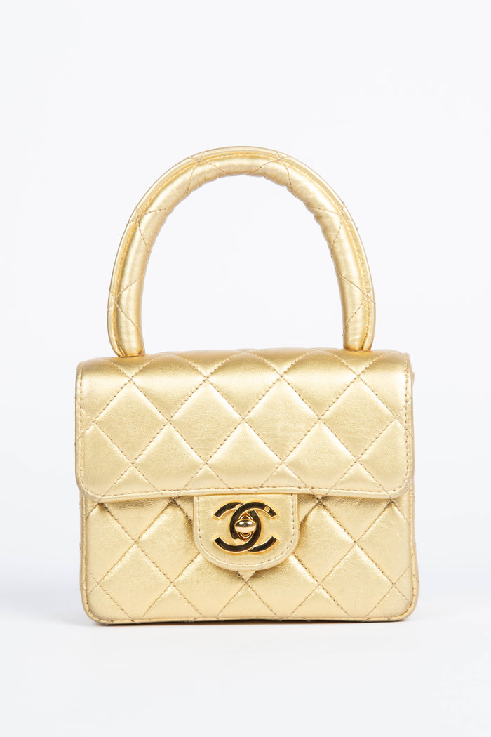 SUPER RARE 90s Chanel Gold Lambskin Leather Mini Top Handle with 24k GHW