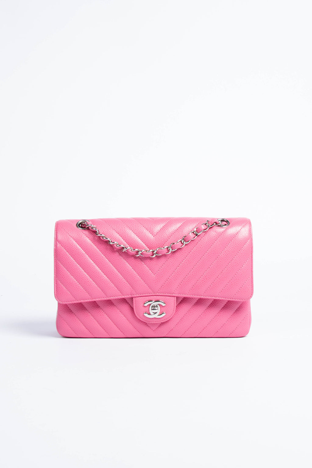 RARE 2019 Chanel Pink Caviar Chevron Medium Double Flap with SHW