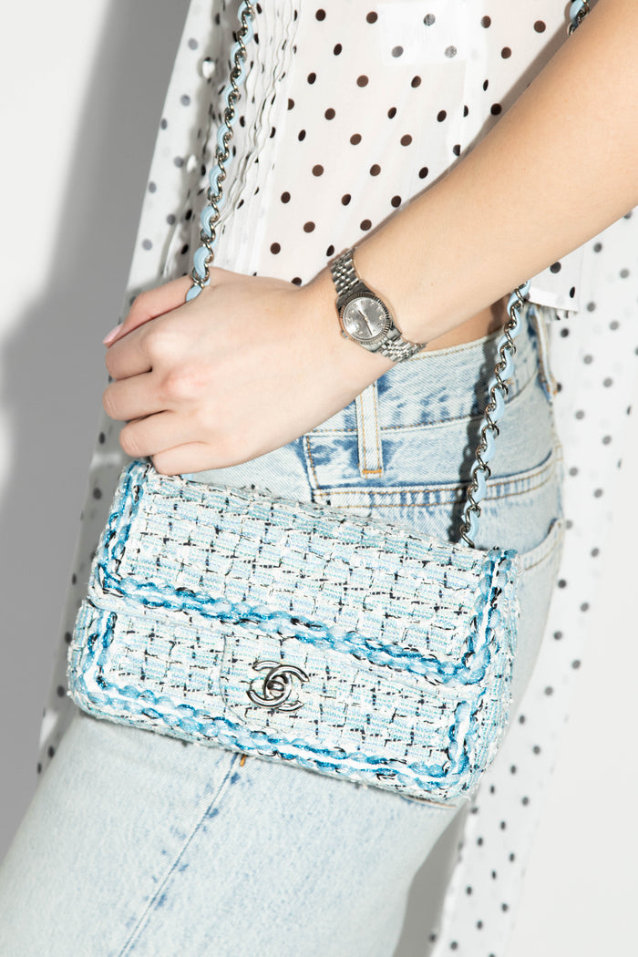 RARE 2019 Chanel Blue Tweed Mini Rectangular Single Flap Bag