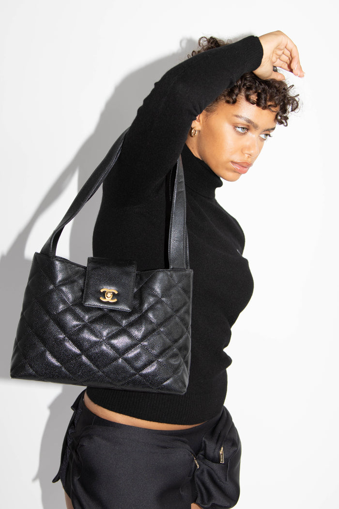 2000s Chanel Black Caviar Leather Shoulder Bag with GHW