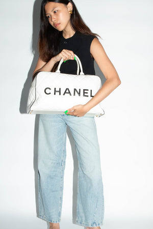 RARE Chanel White Lambskin Leather Bowling Bag