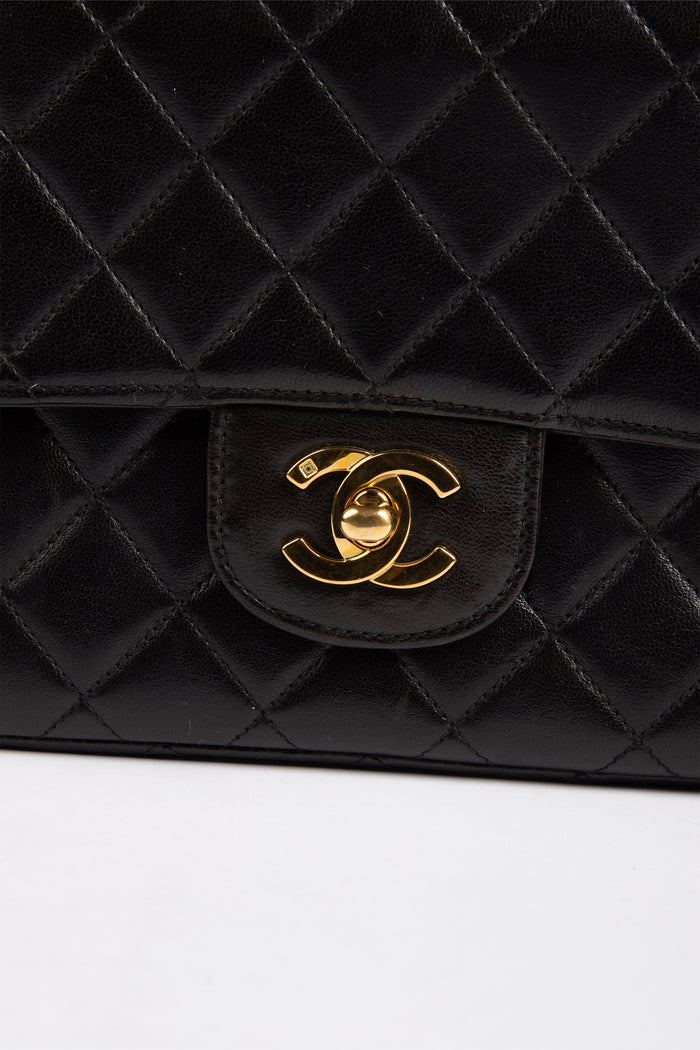 RARE 90s Chanel Black Lambskin Leather Top Handle Bag