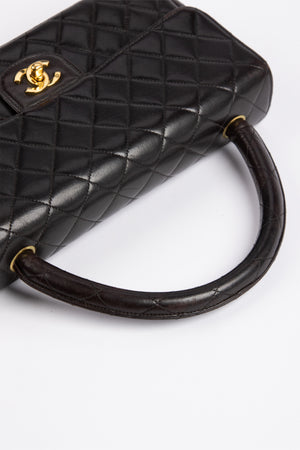 RARE 90s Chanel Black Lambskin Leather Top Handle Bag