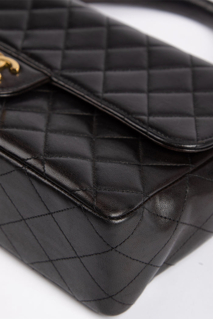 RARE 90s Chanel Black Lambskin Leather Top Handle Bag