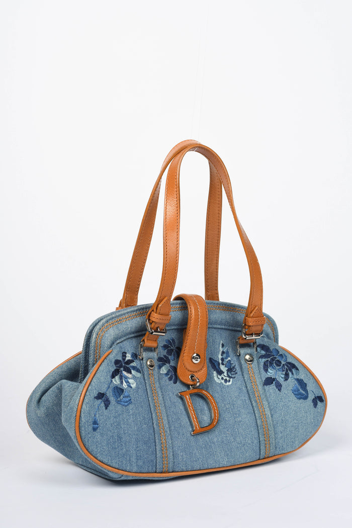Vintage Christian Dior Denim Floral Embroidered Frame Shoulder Bag