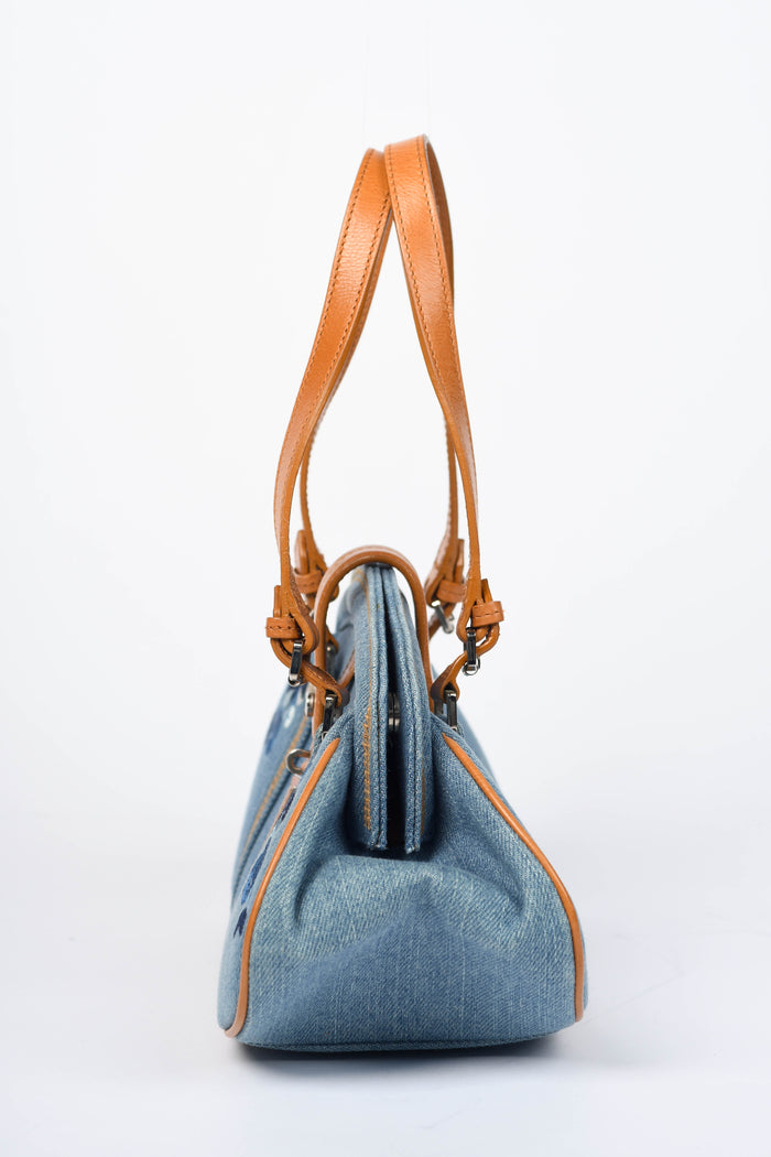 Vintage Christian Dior Denim Floral Embroidered Frame Shoulder Bag