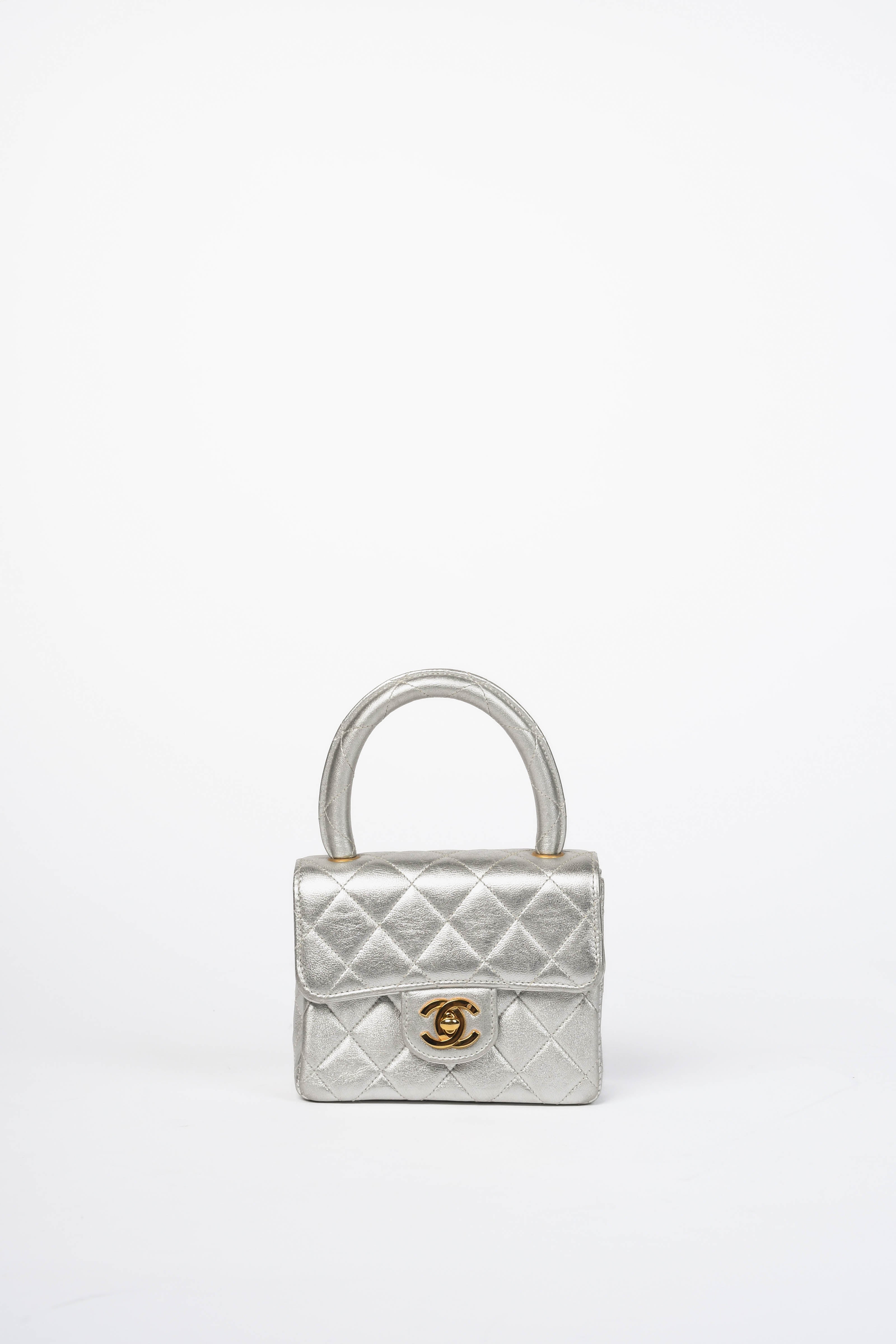 RARE Vintage Chanel Silver Lambskin Leather Mini Top Handle Bag