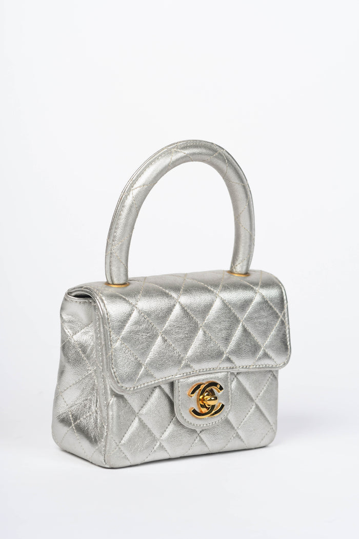 RARE Vintage Chanel Silver Lambskin Leather Mini Top Handle Bag