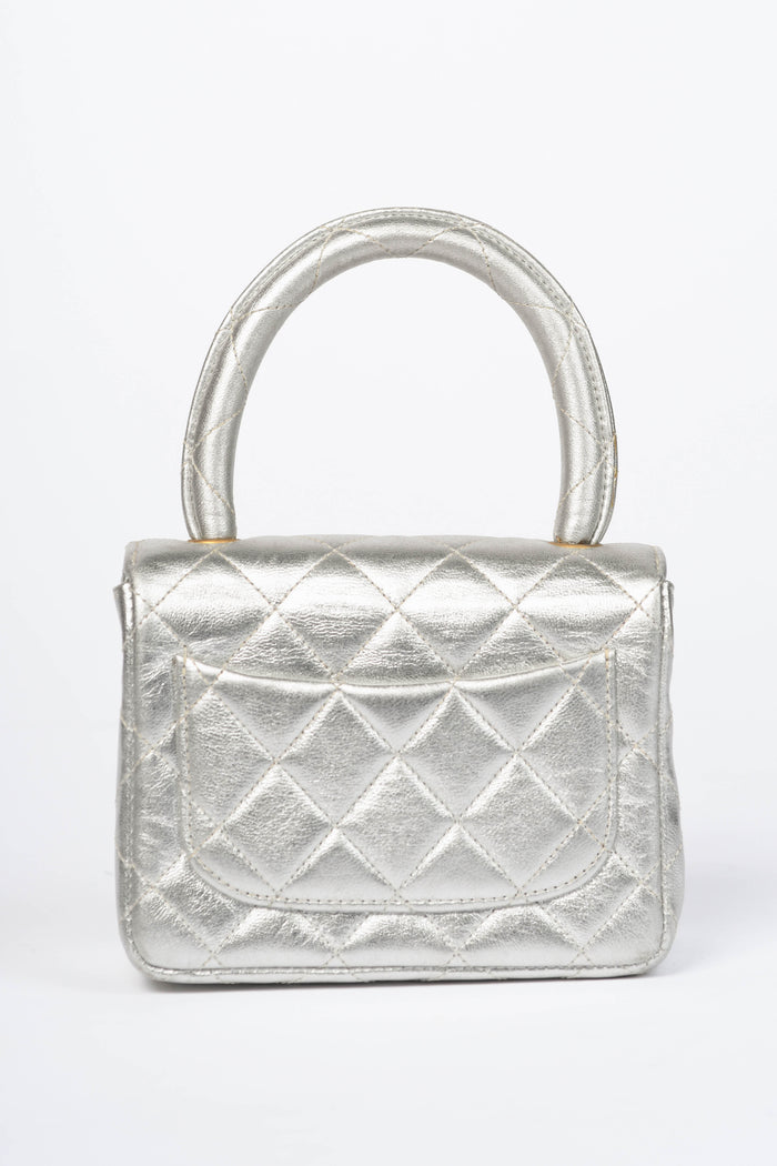 RARE Vintage Chanel Silver Lambskin Leather Mini Top Handle Bag