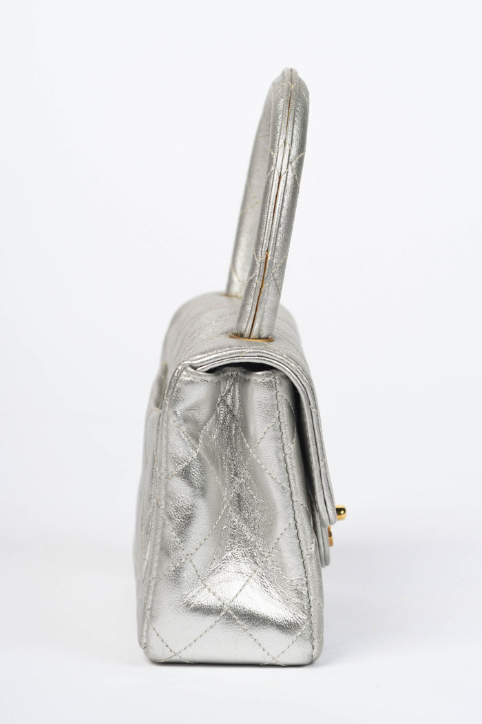 RARE Vintage Chanel Silver Lambskin Leather Mini Top Handle Bag
