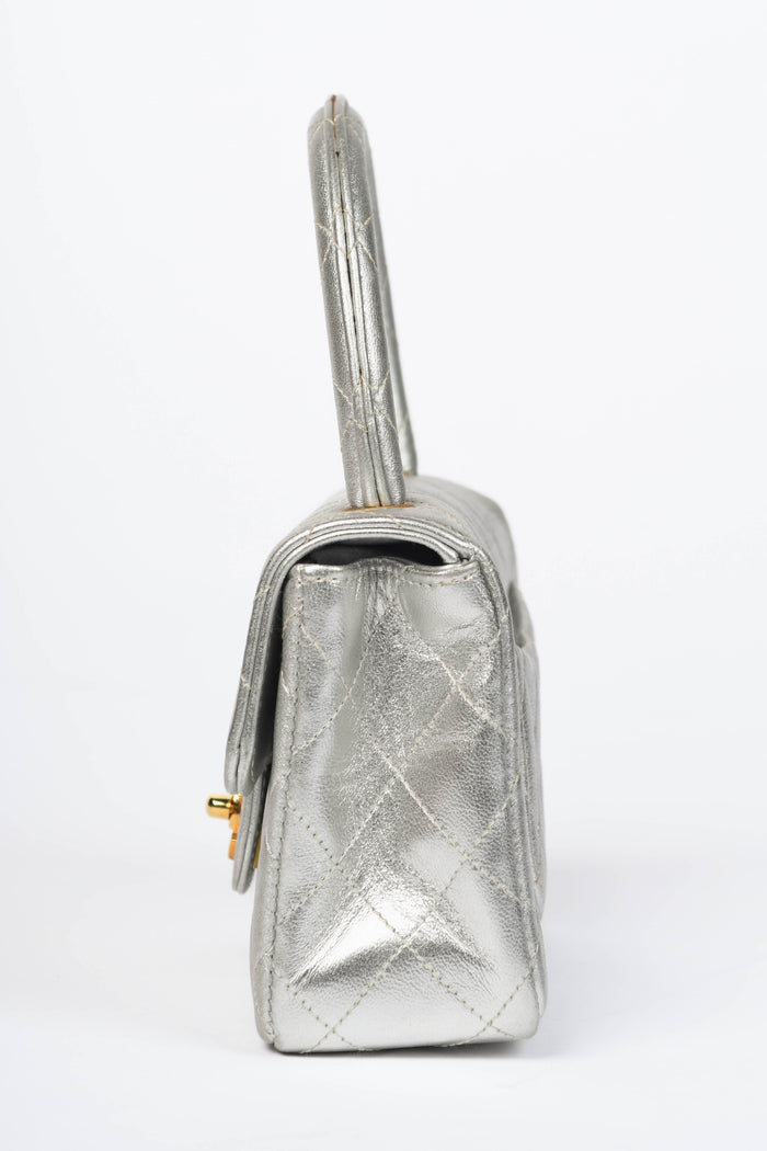 RARE Vintage Chanel Silver Lambskin Leather Mini Top Handle Bag