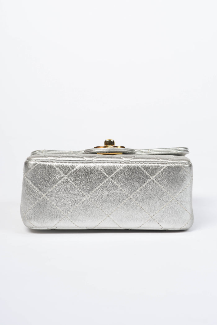 RARE Vintage Chanel Silver Lambskin Leather Mini Top Handle Bag