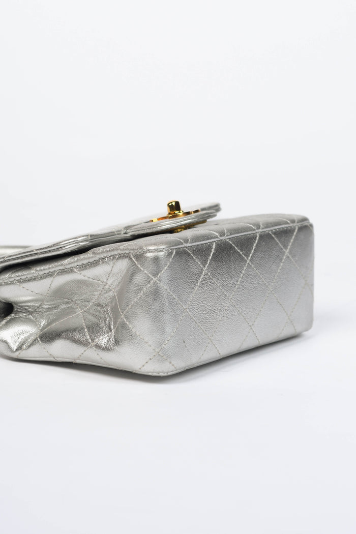 RARE Vintage Chanel Silver Lambskin Leather Mini Top Handle Bag