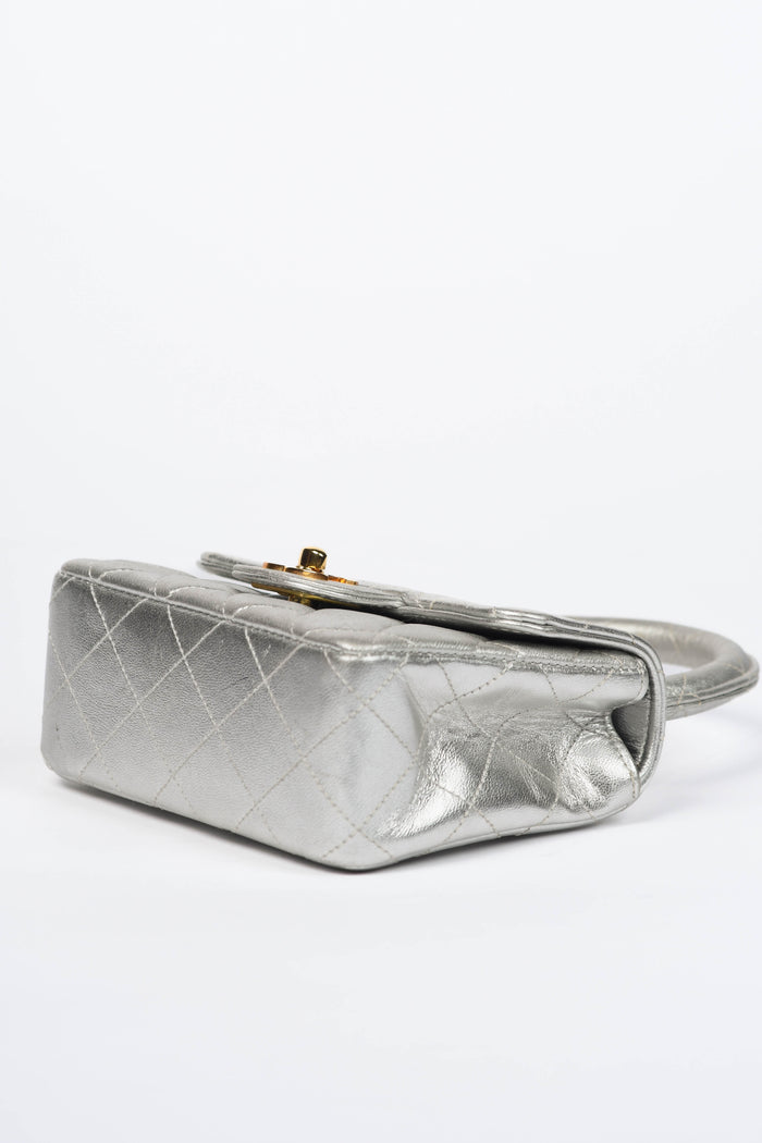 RARE Vintage Chanel Silver Lambskin Leather Mini Top Handle Bag