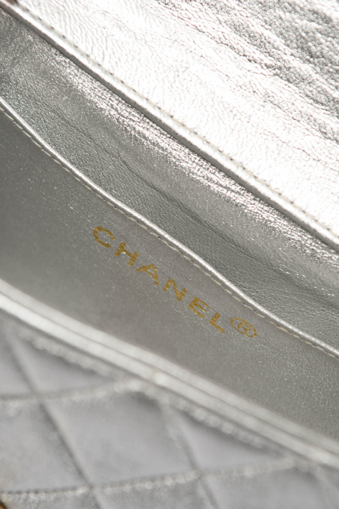 RARE Vintage Chanel Silver Lambskin Leather Mini Top Handle Bag
