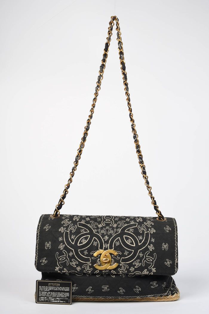 90s Chanel Black Bandana Canvas Large Single Flap Shoulder Bag