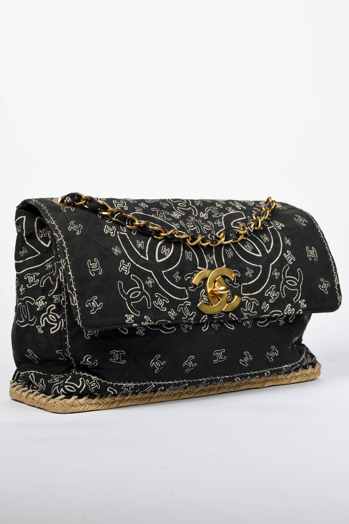90s Chanel Black Bandana Canvas Large Single Flap Shoulder Bag