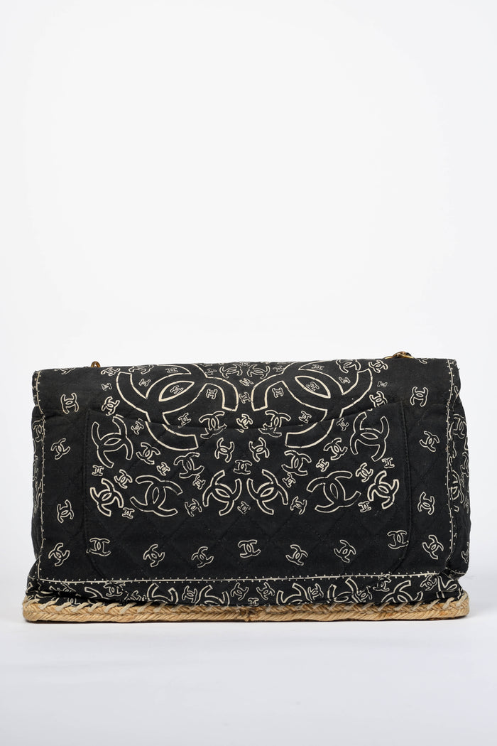 90s Chanel Black Bandana Canvas Large Single Flap Shoulder Bag