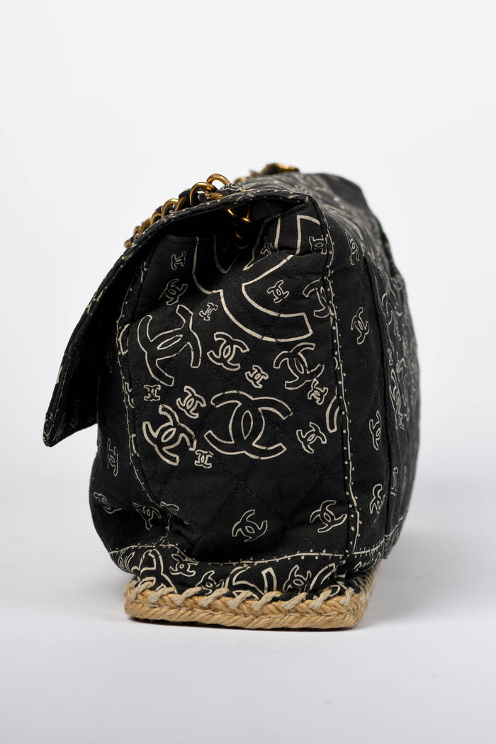 90s Chanel Black Bandana Canvas Large Single Flap Shoulder Bag