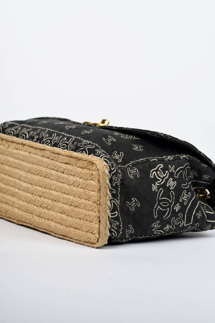 90s Chanel Black Bandana Canvas Large Single Flap Shoulder Bag