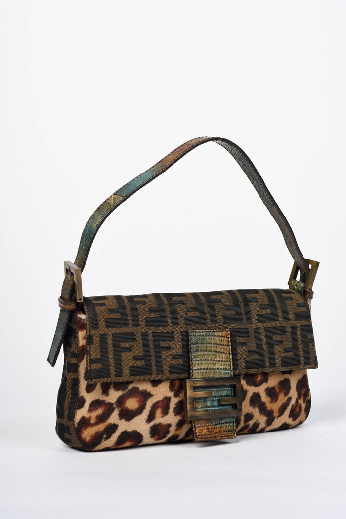RARE Vintage Fendi Zucca Leopard Print Baguette Shoulder Bag