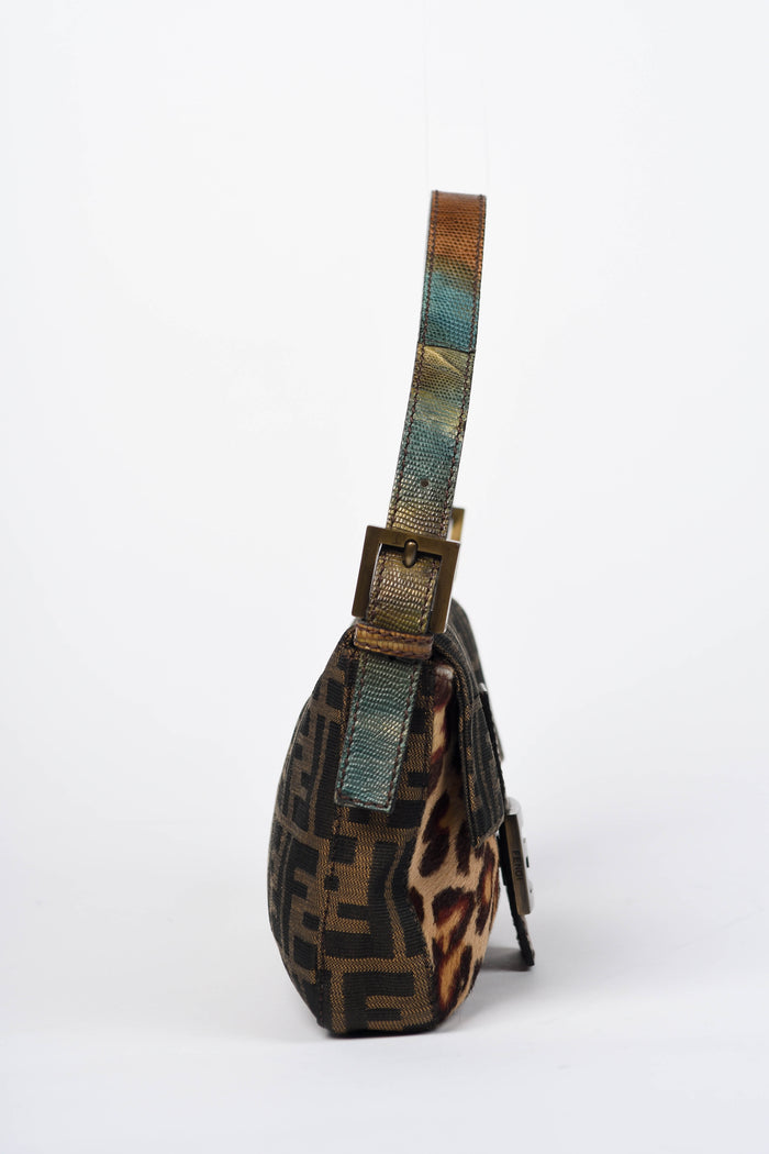 RARE Vintage Fendi Zucca Leopard Print Baguette Shoulder Bag
