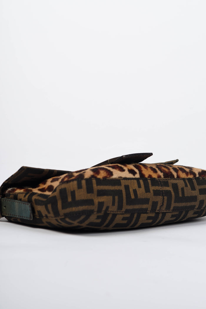 RARE Vintage Fendi Zucca Leopard Print Baguette Shoulder Bag