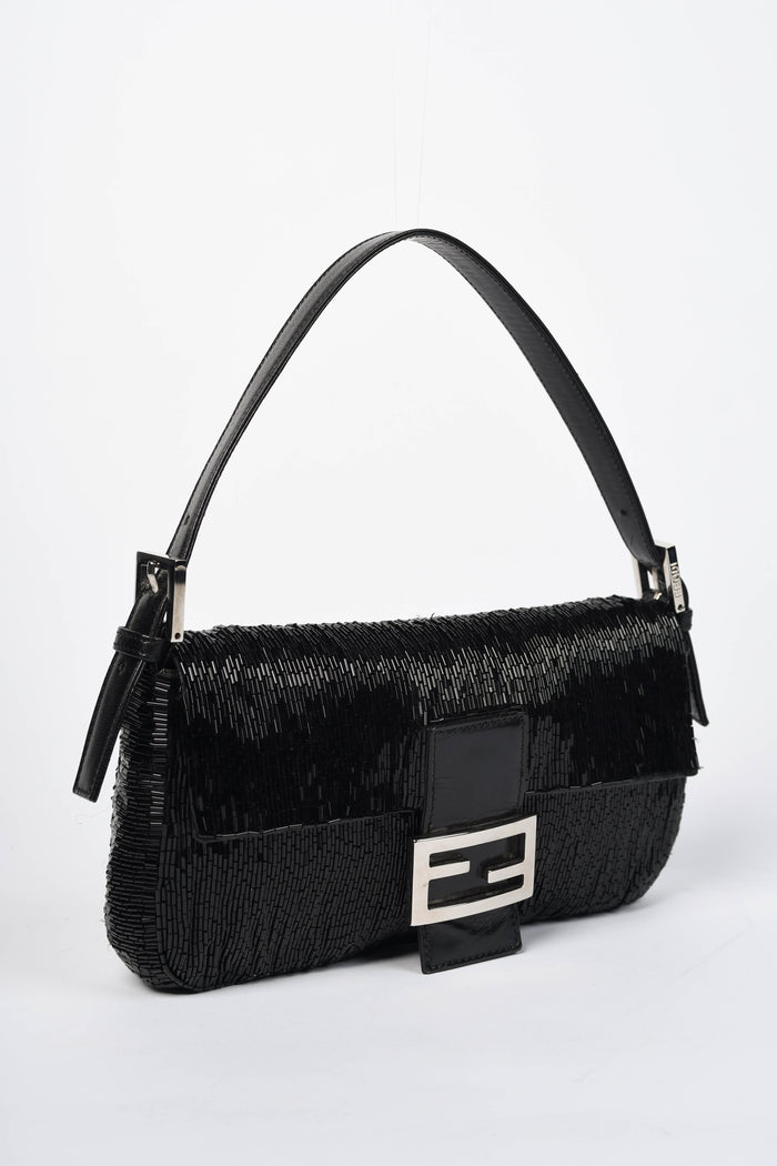 RARE Vintage Fendi Black Beaded Baguette Shoulder Bag