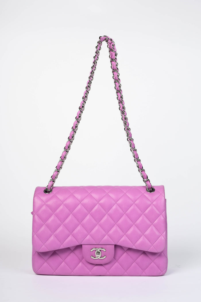2010s Chanel Pink Lambskin Leather Jumbo Double Flap Shoulder Bag