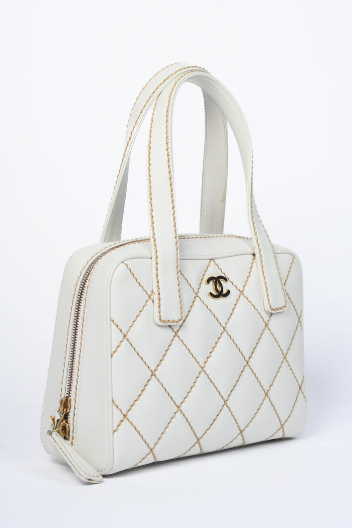 2000s Chanel Cream Leather Wild Stitch Top Handle Bag