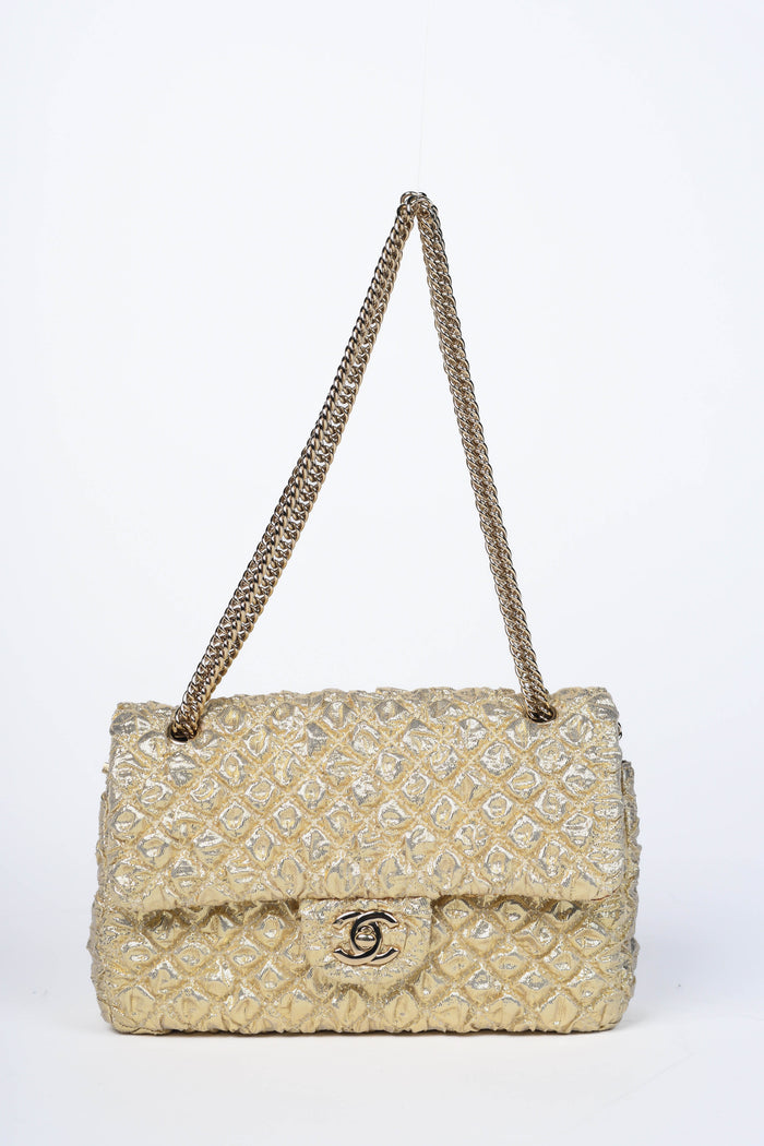 RARE 2000s Chanel Gold Silk Lamé Small Double Flap Shoulder Bag