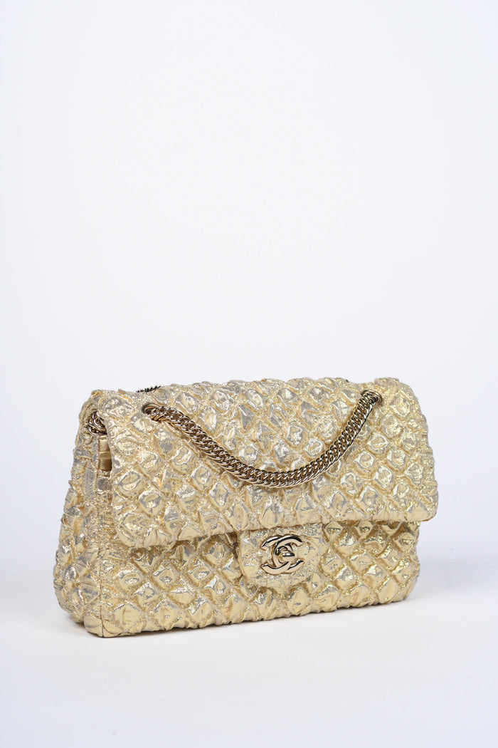 RARE 2000s Chanel Gold Silk Lamé Small Double Flap Shoulder Bag