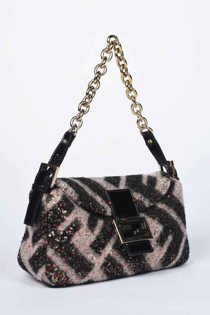 Vintage Fendi Sequin and Wool Monogram Shoulder Bag