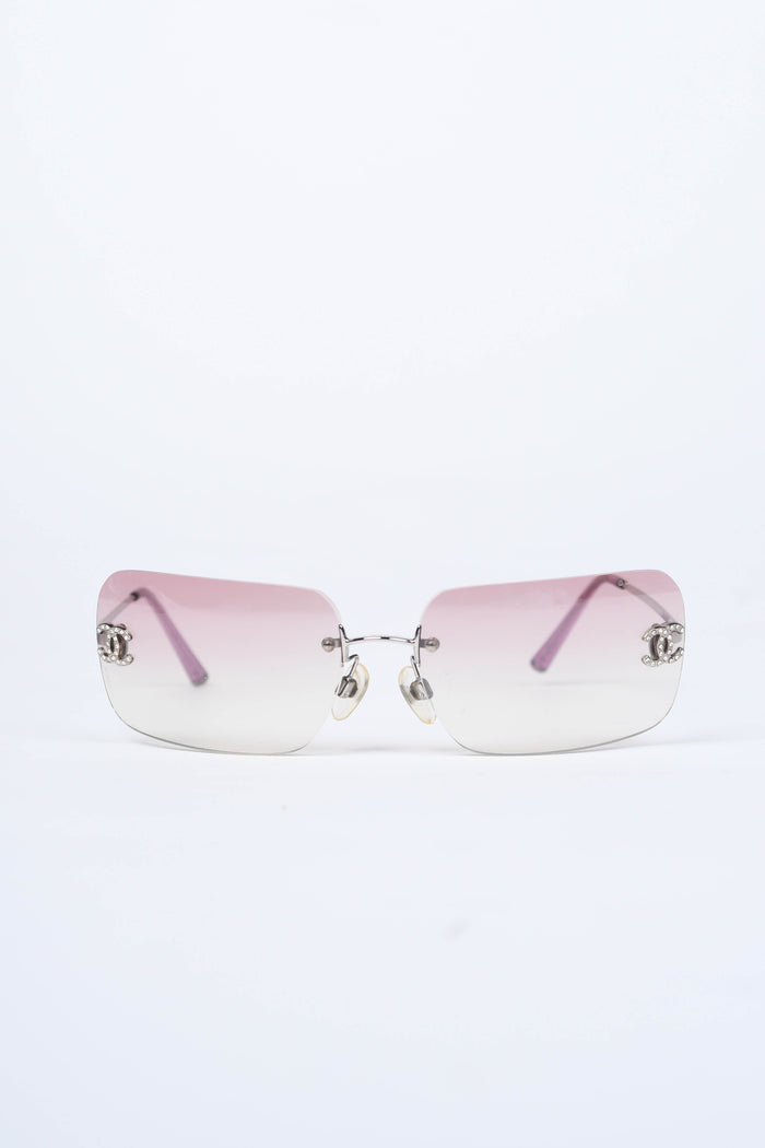 2000s Chanel Pink Gradient Diamanté Rectangular Sunglasses