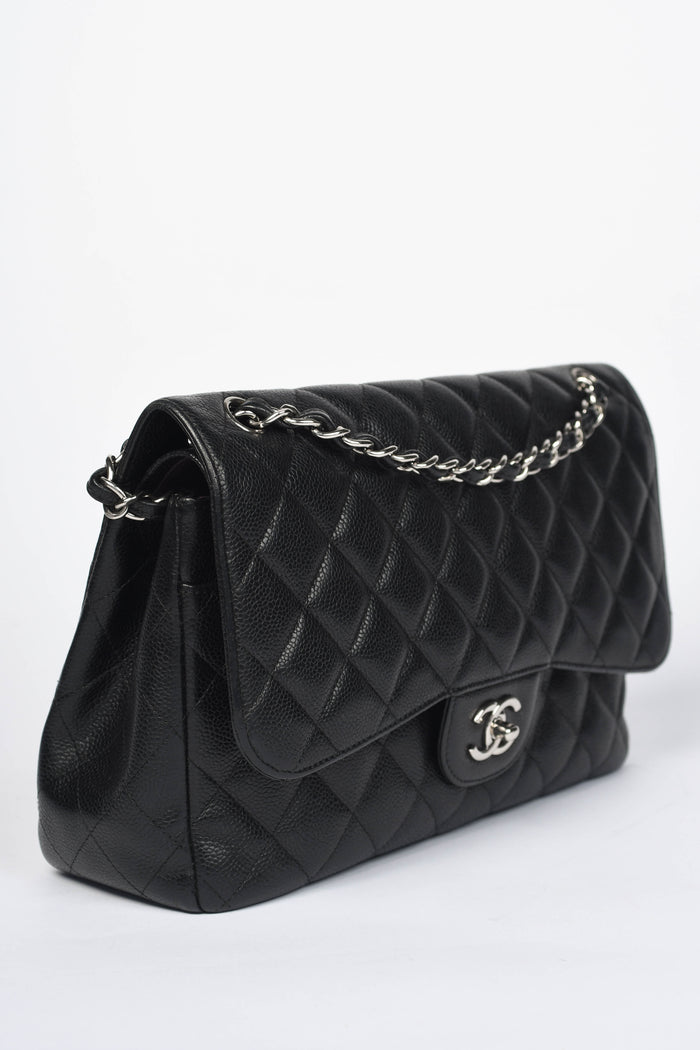 2010s Chanel Black Caviar Leather Jumbo Double Flap Bag