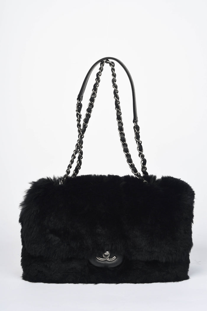 2010s Chanel Black Fur Single Flap Shoulder Bag