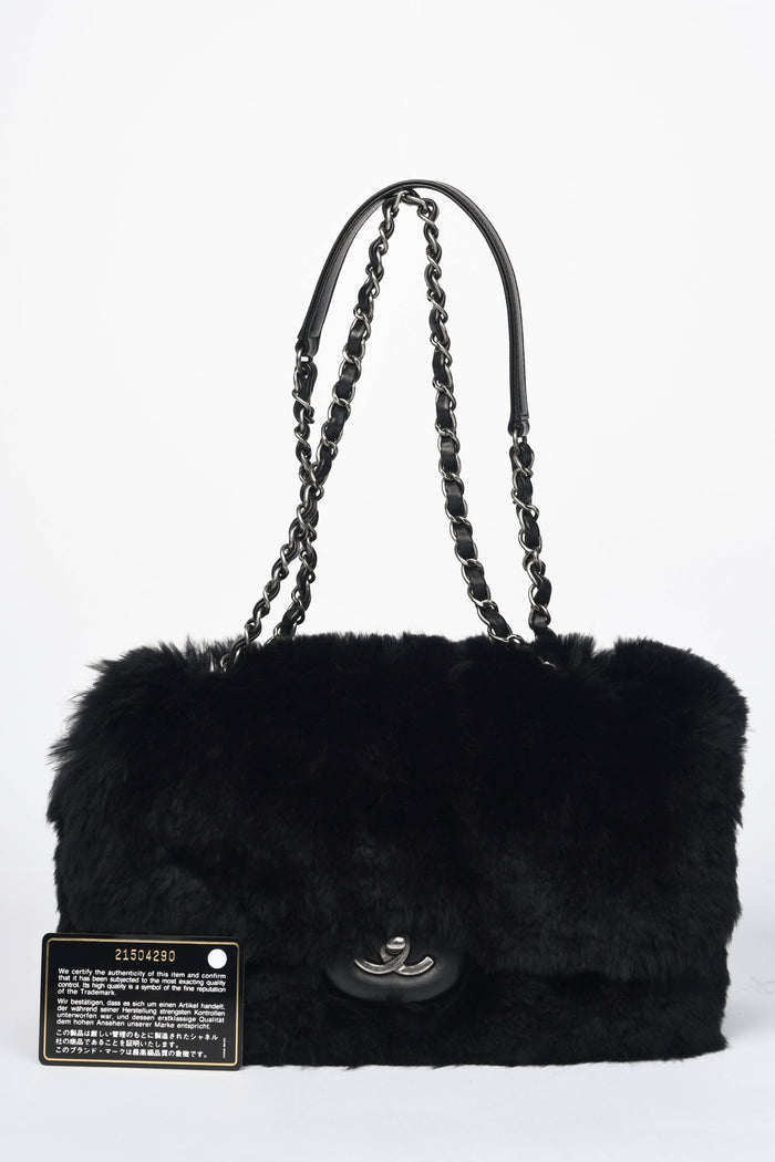 2010s Chanel Black Fur Single Flap Shoulder Bag