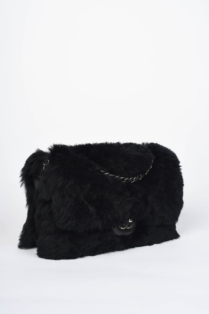 2010s Chanel Black Fur Single Flap Shoulder Bag